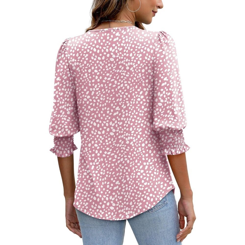 Women's Dressy Casual Blouse 3/4 Sleeve Smocked Cuffs Polyester Spandex - Picture 5 of 5